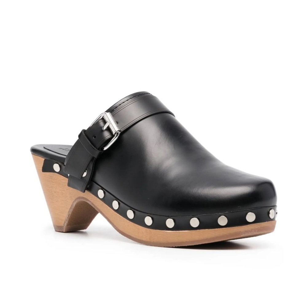 Isabel Marant Black Leather Clogs with Silver Accents